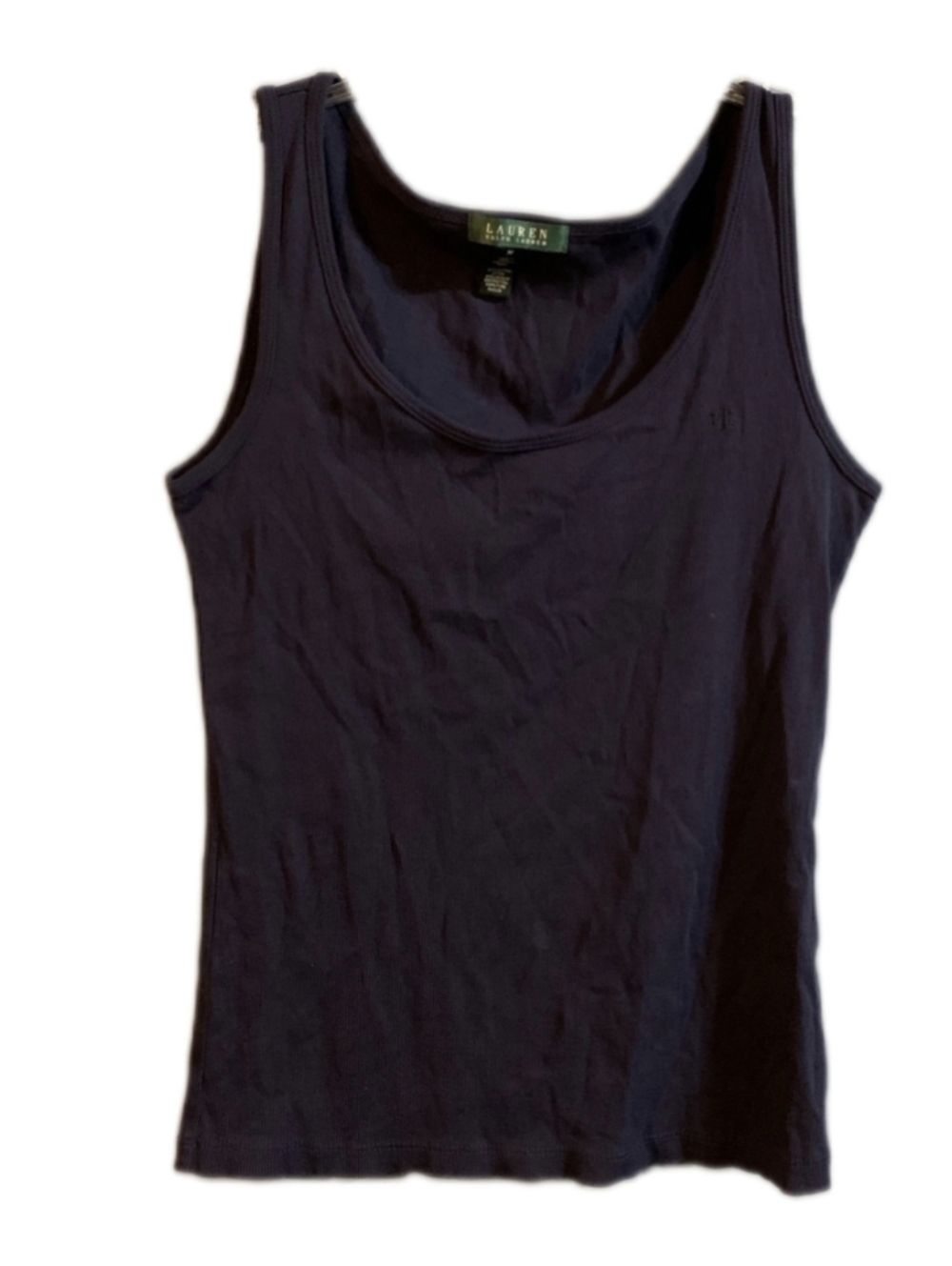 Lauren Ralph Lauren Women's M Tank Top Navy Blue Ribbed Scoop Neck Logo USA